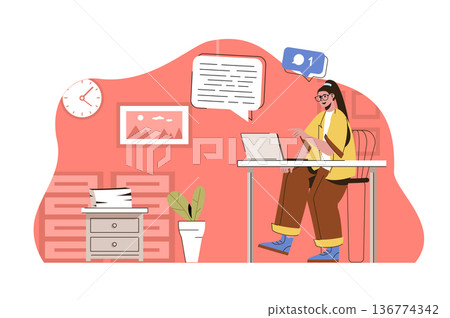 Media space concept. Woman chatting with friends on social networks situation. Online communication, cyberspace people scene. Vector illustration with flat character design for website and mobile site 136774342