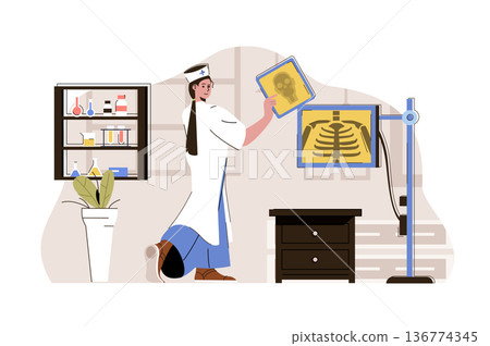 Medical service concept. Doctor looks at x-ray picture, diagnoses and treats situation. Hospital or clinic people scene. Vector illustration with flat character design for website and mobile site Medical service concept. Doctor looks at x-ray picture, diagnoses and treats situation. Hospital or clinic people scene. Vector illustration with flat character design for website and mobile site 136774345