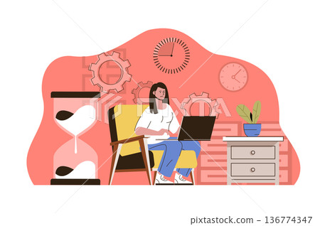 Meet the deadline concept. Employee working on laptop, task time is running out situation. Stress at work people scene. Vector illustration with flat character design for website and mobile site Meet the deadline concept. Employee working on laptop, task time is running out situation. Stress at work people scene. Vector illustration with flat character design for website and mobile site 136774347