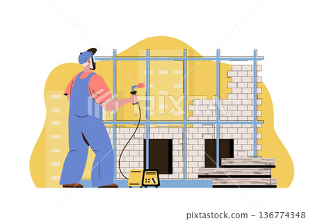 Modern building concept. Builder working, welding metal structures situation. Real estate construction business people scene. Vector illustration with flat character design for website and mobile site Modern building concept. Builder working, welding metal structures situation. Real estate construction business people scene. Vector illustration with flat character design for website and mobile site 136774348