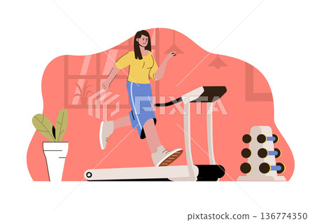 Morning workout concept. Woman running on treadmill in gym situation. Daily fitness routine, cardio workout people scene. Vector illustration with flat character design for website and mobile site 136774350