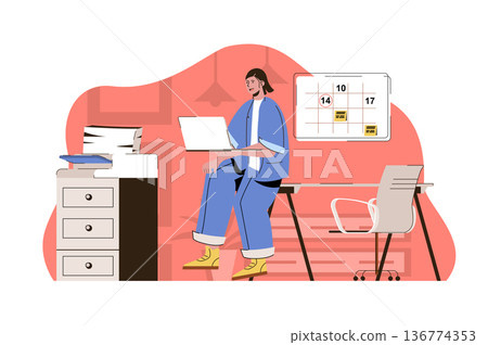Office management concept. Woman plans workflow, maintains working conditions situation. Corporate culture people scene. Vector illustration with flat character design for website and mobile site Office management concept. Woman plans workflow, maintains working conditions situation. Corporate culture people scene. Vector illustration with flat character design for website and mobile site 136774353