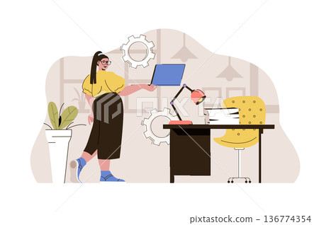Office manager concept. Woman working on laptop, maintains working conditions situation. Corporate culture people scene. Vector illustration with flat character design for website and mobile site Office manager concept. Woman working on laptop, maintains working conditions situation. Corporate culture people scene. Vector illustration with flat character design for website and mobile site 136774354