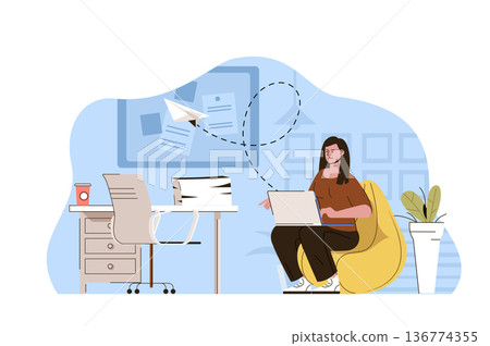 Office worker concept. Employee does work tasks, works on laptop, sends emails situation. Workflow, paperwork people scene. Vector illustration with flat character design for website and mobile site Office worker concept. Employee does work tasks, works on laptop, sends emails situation. Workflow, paperwork people scene. Vector illustration with flat character design for website and mobile site 136774355