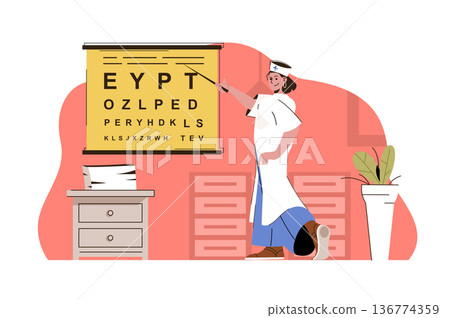 Optometrist services concept. Doctor checks visual acuity, prescribes glasses situation. Ophthalmology clinic people scene. Vector illustration with flat character design for website and mobile site Optometrist services concept. Doctor checks visual acuity, prescribes glasses situation. Ophthalmology clinic people scene. Vector illustration with flat character design for website and mobile site 136774359