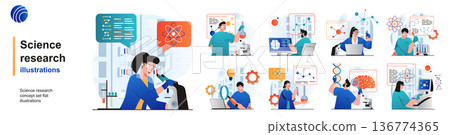 Science research isolated set. Scientists make tests on laboratory equipment. People collection of scenes in flat design. Vector illustration for blogging, website, mobile app, promotional materials. Science research isolated set. Scientists make tests on laboratory equipment. People collection of scenes in flat design. Vector illustration for blogging, website, mobile app, promotional materials. 136774365