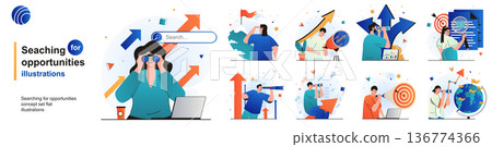 Searching for opportunities isolated set. Human resources and HR management. People collection of scenes in flat design. Vector illustration for blogging, website, mobile app, promotional materials. 136774366