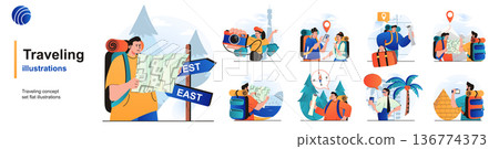 Traveling isolated set. Travelers on vacation, hiking, journey and adventure. People collection of scenes in flat design. Vector illustration for blogging, website, mobile app, promotional materials. 136774373