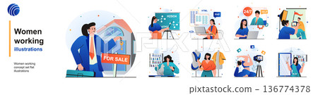 Women working isolated set. Realtor, teacher, programmer, operator and others. People collection of scenes in flat design. Vector illustration for blogging, website, mobile app, promotional materials. Women working isolated set. Realtor, teacher, programmer, operator and others. People collection of scenes in flat design. Vector illustration for blogging, website, mobile app, promotional materials. 136774378