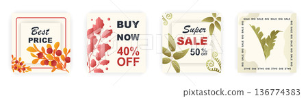 Modern autumn square sale poster templates with floral and geometric pattern. Suitable for social media posts, poster, mobile apps, banners design and web ads, vector backgrounds, promotion materials. 136774383