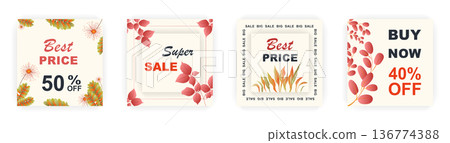 Modern autumn square sale poster templates with floral and geometric pattern. Suitable for social media posts, poster, mobile apps, banners design and web ads, vector backgrounds, promotion materials. Modern autumn square sale poster templates with floral and geometric pattern. Suitable for social media posts, poster, mobile apps, banners design and web ads, vector backgrounds, promotion materials. 136774388