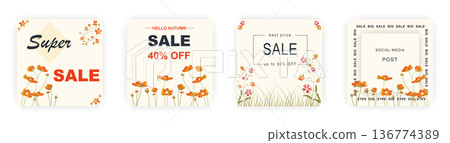 Modern autumn square sale poster templates with floral and geometric pattern. Suitable for social media posts, poster, mobile apps, banners design and web ads, vector backgrounds, promotion materials. 136774389