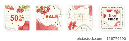 Modern autumn square sale poster templates with floral and geometric pattern. Suitable for social media posts, poster, mobile apps, banners design and web ads, vector backgrounds, promotion materials. 136774390