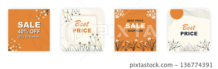 Modern autumn square sale poster templates with floral and geometric pattern. Suitable for social media posts, poster, mobile apps, banners design and web ads, vector backgrounds, promotion materials. 136774391