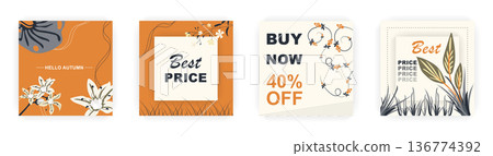 Modern autumn square sale poster templates with floral and geometric pattern. Suitable for social media posts, poster, mobile apps, banners design and web ads, vector backgrounds, promotion materials. 136774392