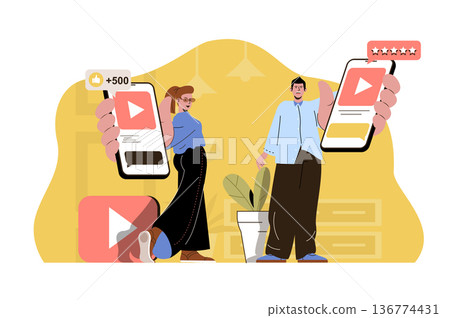 Popular content concept. Bloggers hold smartphones with popular videos situation. Followers, likes and comments people scene. Vector illustration with flat character design for website and mobile site Popular content concept. Bloggers hold smartphones with popular videos situation. Followers, likes and comments people scene. Vector illustration with flat character design for website and mobile site 136774431