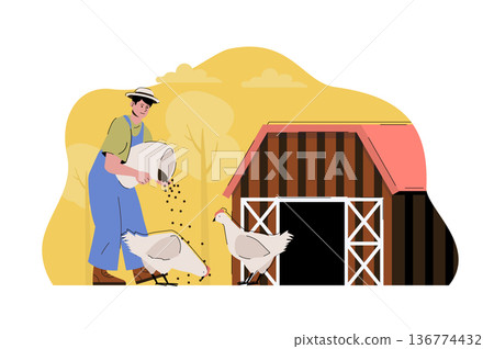 Poultry farming concept. Farmer feeding chickens, works on his farm situation. Aviculture, agribusiness people scene. Vector illustration with flat character design for website and mobile site 136774432