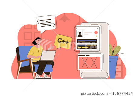 Programming concept. Woman working, writing code, testing program at office situation. Software development people scene. Vector illustration with flat character design for website and mobile site 136774434