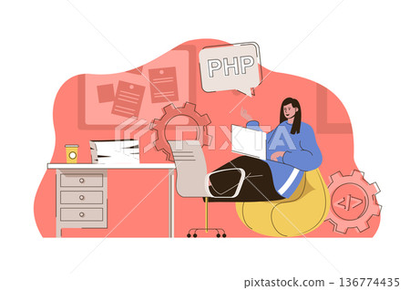 Programming tools concept. Woman works in different programming languages situation. Software development people scene. Vector illustration with flat character design for website and mobile site 136774435