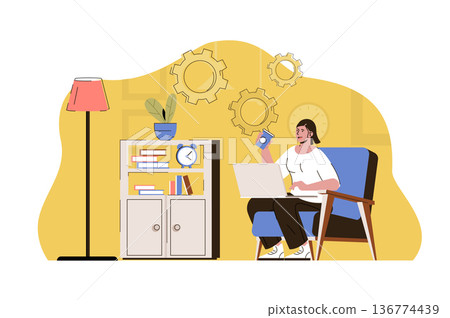Remote workplace concept. Employee working online with laptop from home office situation. Comfortable workflow people scene. Vector illustration with flat character design for website and mobile site Remote workplace concept. Employee working online with laptop from home office situation. Comfortable workflow people scene. Vector illustration with flat character design for website and mobile site 136774439