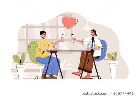 Romantic date concept. Loving man and woman dating in restaurant and drink situation. Relationship in couple people scene. Vector illustration with flat character design for website and mobile site 136774441