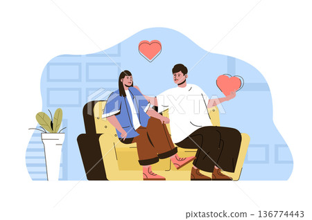 Romantic evening concept. Man and woman talks sitting on couch and situation. Loving couple spend time together people scene. Vector illustration with flat character design for website and mobile site Romantic evening concept. Man and woman talks sitting on couch and situation. Loving couple spend time together people scene. Vector illustration with flat character design for website and mobile site 136774443