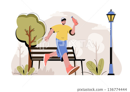 Running concept. Man running in park, sport activity situation. Outdoor cardio workout, marathon preparation people scene. Vector illustration with flat character design for website and mobile site Running concept. Man running in park, sport activity situation. Outdoor cardio workout, marathon preparation people scene. Vector illustration with flat character design for website and mobile site 136774444