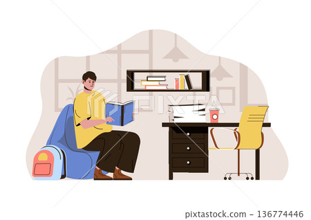 Self education concept. Student reads book, studying subjects at home situation. Knowledge, cognitive ability people scene. Vector illustration with flat character design for website and mobile site 136774446