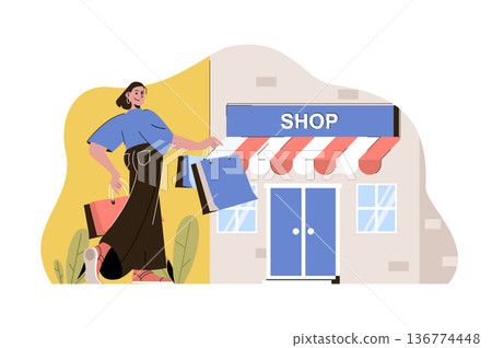 Shopping trip concept. Woman shopping in boutiques on vacation situation. Buyer searches and buys clothes people scene. Vector illustration with flat character design for website and mobile site Shopping trip concept. Woman shopping in boutiques on vacation situation. Buyer searches and buys clothes people scene. Vector illustration with flat character design for website and mobile site 136774448