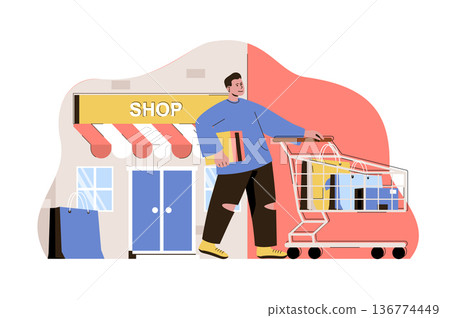Shopping and vacation concept. Man shopping in the store on travel situation. Shopper puts purchases in cart people scene. Vector illustration with flat character design for website and mobile site Shopping and vacation concept. Man shopping in the store on travel situation. Shopper puts purchases in cart people scene. Vector illustration with flat character design for website and mobile site 136774449