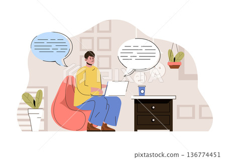 Social media concept. Man browsing social networks and chatting with friends situation. Online communication people scene. Vector illustration with flat character design for website and mobile site Social media concept. Man browsing social networks and chatting with friends situation. Online communication people scene. Vector illustration with flat character design for website and mobile site 136774451