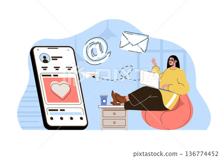 Social media marketing concept. Woman making promotional mailing situation. Online promotion mobile app people scene. Vector illustration with flat character design for website and mobile site Social media marketing concept. Woman making promotional mailing situation. Online promotion mobile app people scene. Vector illustration with flat character design for website and mobile site 136774452