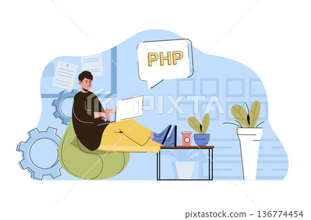 Software development concept. Programmer writes code, develops programs situation. Developer working in office people scene. Vector illustration with flat character design for website and mobile site Software development concept. Programmer writes code, develops programs situation. Developer working in office people scene. Vector illustration with flat character design for website and mobile site 136774454