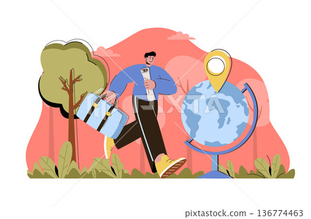 Travel the world concept. Man with luggage goes on worldwide trip situation. Vacation, tourism, adventure people scene. Vector illustration with flat character design for website and mobile site 136774463