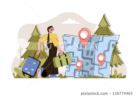 Travel vacation concept. Happy woman with luggage goes to rest at resort situation. Weekend trip and tourism people scene. Vector illustration with flat character design for website and mobile site 136774465