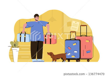 Vacation preparation concept. Man packing things and clothes in suitcases and going on trip situation. Travel people scene. Vector illustration with flat character design for website and mobile site Vacation preparation concept. Man packing things and clothes in suitcases and going on trip situation. Travel people scene. Vector illustration with flat character design for website and mobile site 136774470