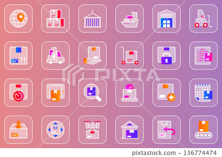 Delivery service web glassmorphic icons set. Pack outline pictograms of global logistics, fast shipping, courier delivering, flying drone with parcel, tracking and other. Vector line glass symbols 136774474