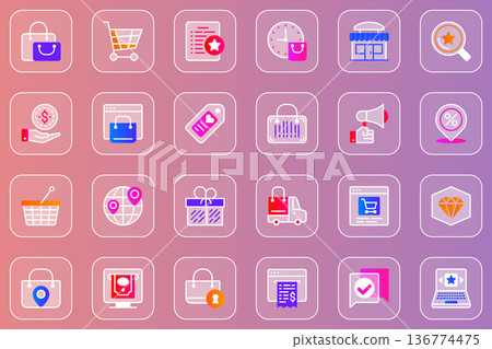 Commerce web glassmorphic icons set. Pack outline pictograms of online shopping, payment, megaphone, discount sales, delivery service, quality, protection, retail and other. Vector line glass symbols 136774475