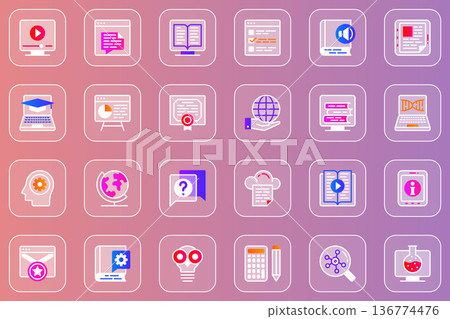 Online education web glassmorphic icons set. Pack outline pictograms of webinar or video lessons, e-book at library, learning, science research, graduation diploma and other. Vector line glass symbols Online education web glassmorphic icons set. Pack outline pictograms of webinar or video lessons, e-book at library, learning, science research, graduation diploma and other. Vector line glass symbols 136774476