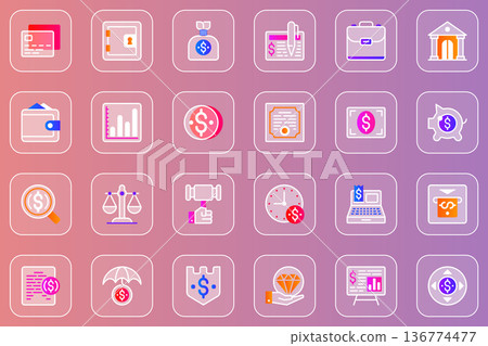 Business finance web glassmorphic icons set. Pack outline pictograms of investment, bank loan, financial statistics, tax payment, growth graph, savings, profit and other. Vector line glass symbols 136774477