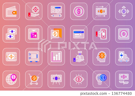 Money web glassmorphic icons set. Pack outline pictograms of wallet, payment, money exchange, cash ar atm, growth profit, online banking, savings, shopping and other. Vector line glass symbols 136774480