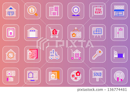 Real estate web glassmorphic icons set. Pack outline pictograms of house, search home, rent or sale, plan building, mortgage, contract, move to apartment, property and other. Vector line glass symbols 136774481