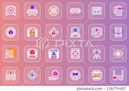 Virtual reality web glassmorphic icons set. Pack outline pictograms of 3d virtual simulation headset, 360 panoramic view, cyberspace, gaming, innovation technology and other. Vector line glass symbols 136774487