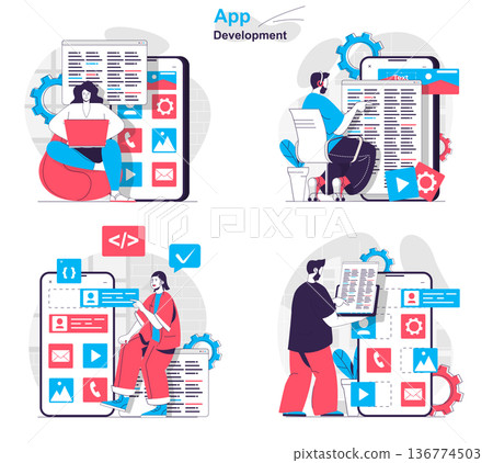 App development concept set. Developers write code, testing, create page layout. People isolated scenes in flat design. Vector illustration for blogging, website, mobile app, promotional materials. 136774503