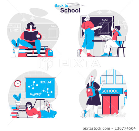 Back to school concept set. Students read books, answer in lesson, do homework. People isolated scenes in flat design. Vector illustration for blogging, website, mobile app, promotional materials. 136774504