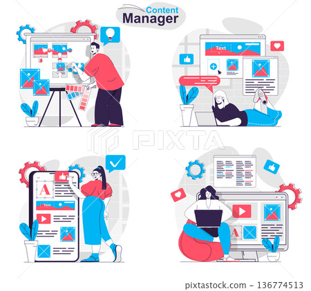 Content manager concept set. Creation of images and texts for filling sites layout. People isolated scenes in flat design. Vector illustration for blogging, website, mobile app, promotional materials. Content manager concept set. Creation of images and texts for filling sites layout. People isolated scenes in flat design. Vector illustration for blogging, website, mobile app, promotional materials. 136774513