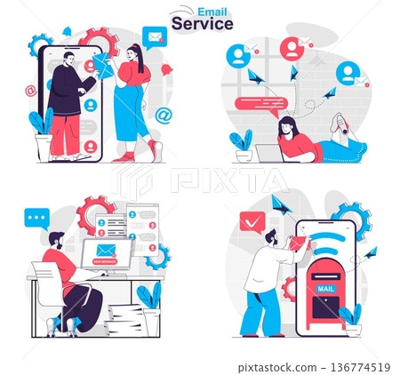 Email service concept set. Users correspond in chats, sending messages in apps. People isolated scenes in flat design. Vector illustration for blogging, website, mobile app, promotional materials. 136774519
