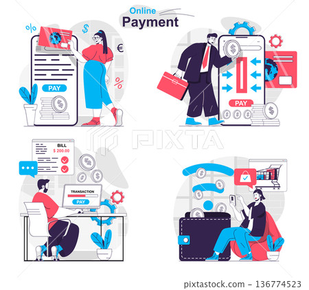 Online payment concept set. Customers pay for purchases and make transactions. People isolated scenes in flat design. Vector illustration for blogging, website, mobile app, promotional materials. Online payment concept set. Customers pay for purchases and make transactions. People isolated scenes in flat design. Vector illustration for blogging, website, mobile app, promotional materials. 136774523