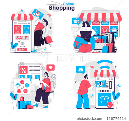 Online shopping concept set. Buyers choose products, buy at sales, receive orders. People isolated scenes in flat design. Vector illustration for blogging, website, mobile app, promotional materials. 136774524