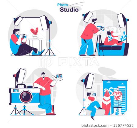 Photo studio concept set. Photographers do photo shoots in professional studio. People isolated scenes in flat design. Vector illustration for blogging, website, mobile app, promotional materials. Photo studio concept set. Photographers do photo shoots in professional studio. People isolated scenes in flat design. Vector illustration for blogging, website, mobile app, promotional materials. 136774525